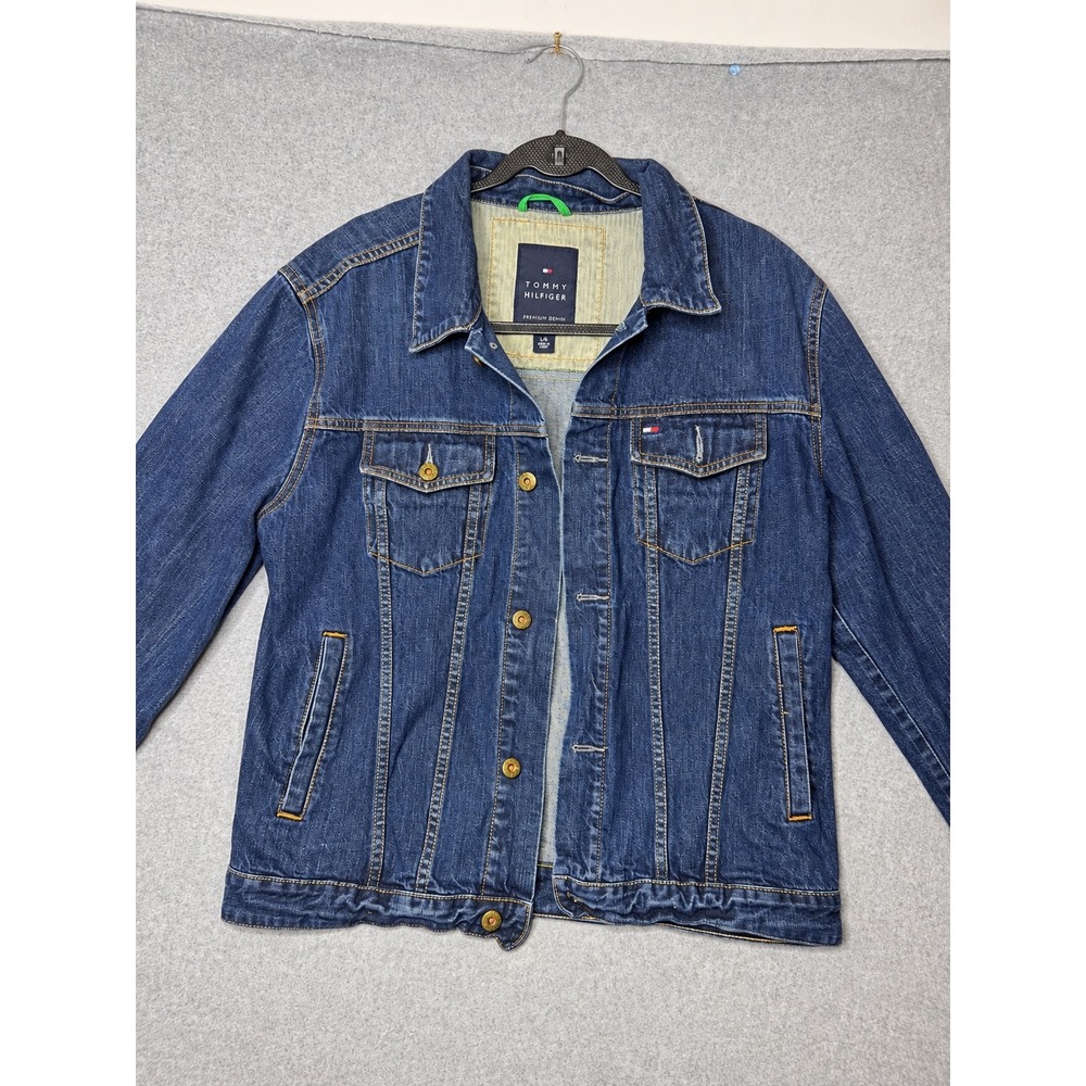 Tommy Hilfiger Denim Jacket Mens Large Premium Trucker Workwear Dark Wash Blue L